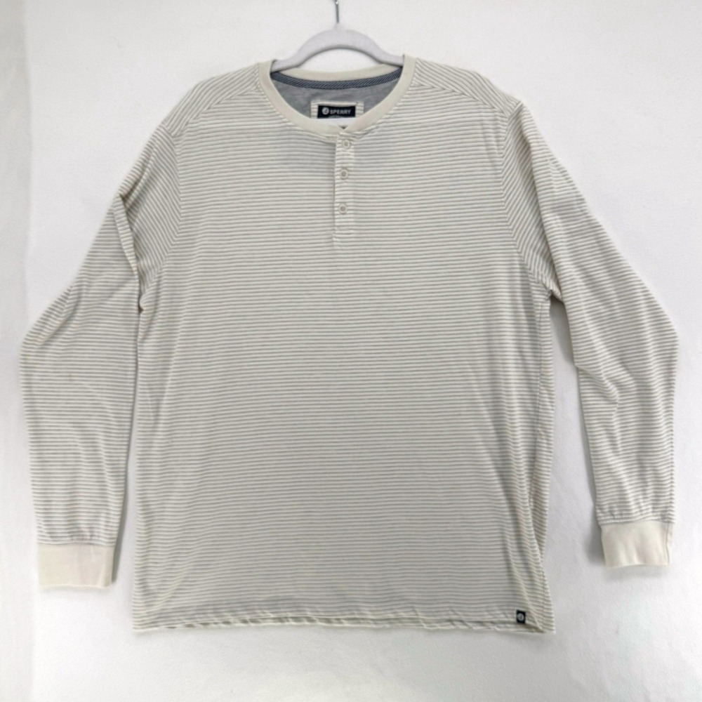 Sperry Henley Shirt Mens XL White Gray Striped Long Sleeve Premium Apparel